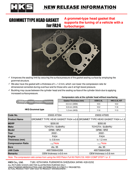 HKS GR86 / BRZ 1.2mm Thickness Grommet Type Head Gasket