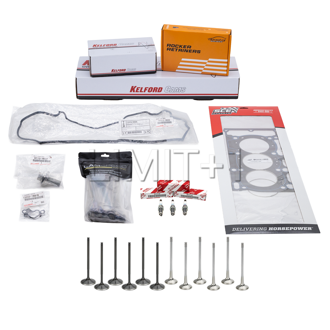 LIMIT+1 G16E-GTS Cylinder Head Parts Package featurng - GR Corolla Vulcan Cut Ring Head Gasket,  Lamspeed Racing GR Corolla H13 Steel Head Studs, Denstoj GR Corolla Rocker Retainer Kit, Kelford Cams GR Corolla Performance Beehive Valve Springs, Base and Titanium Retainer Kit, Kelford Cams GR Corolla Engine Camshafts - 267-A, OEM Toyota GR Corolla Valve Cover Gasket, OEM Toyota GR Corolla Timing Chain Tensioner Gasket, OEM Toyota GR Corolla Crank Bolt and Washer, (3) OEM Toyota GR Corolla Spark Plugs