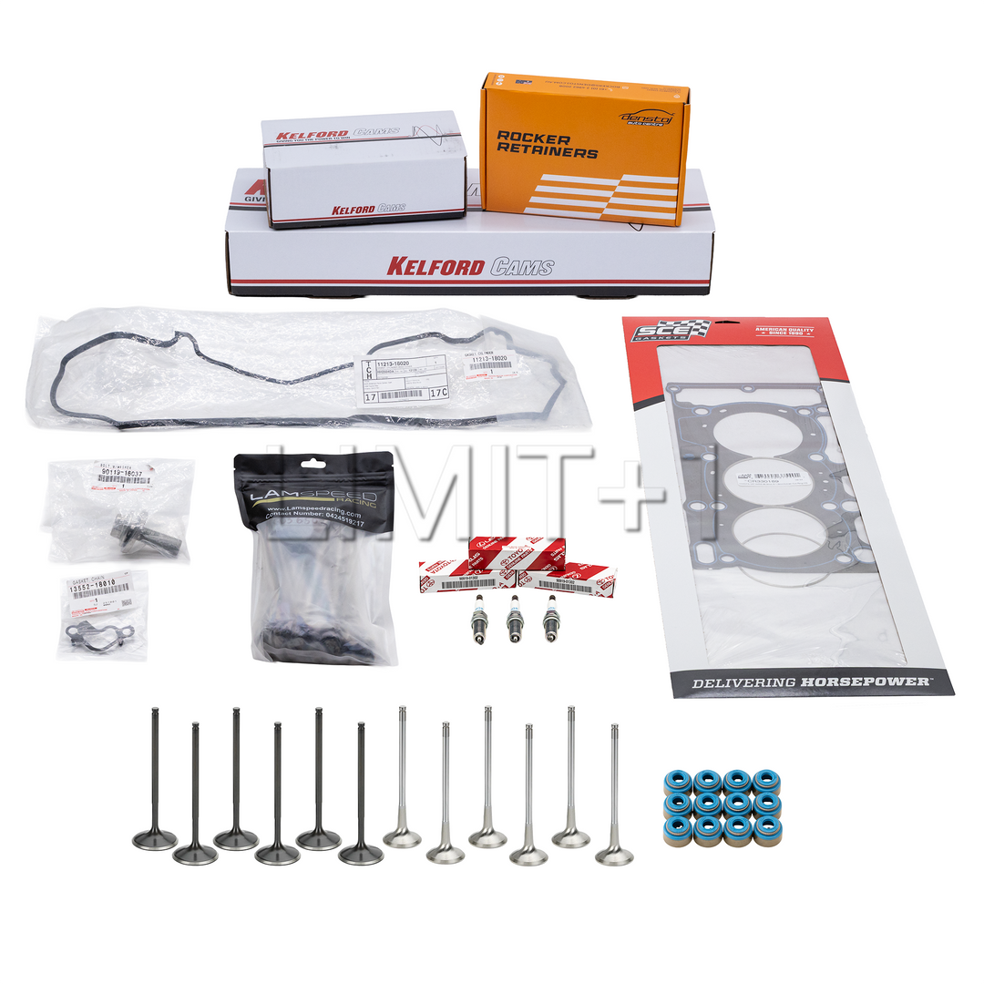 LIMIT+1 G16E-GTS Cylinder Head Parts Package featurng - GR Corolla Vulcan Cut Ring Head Gasket,  Lamspeed Racing GR Corolla H13 Steel Head Studs, Denstoj GR Corolla Rocker Retainer Kit, Kelford Cams GR Corolla Performance Beehive Valve Springs, Base and Titanium Retainer Kit, Kelford Cams GR Corolla Engine Camshafts - 267-A, OEM Toyota GR Corolla Valve Cover Gasket, OEM Toyota GR Corolla Timing Chain Tensioner Gasket, OEM Toyota GR Corolla Crank Bolt and Washer, (3) OEM Toyota GR Corolla Spark Plugs
