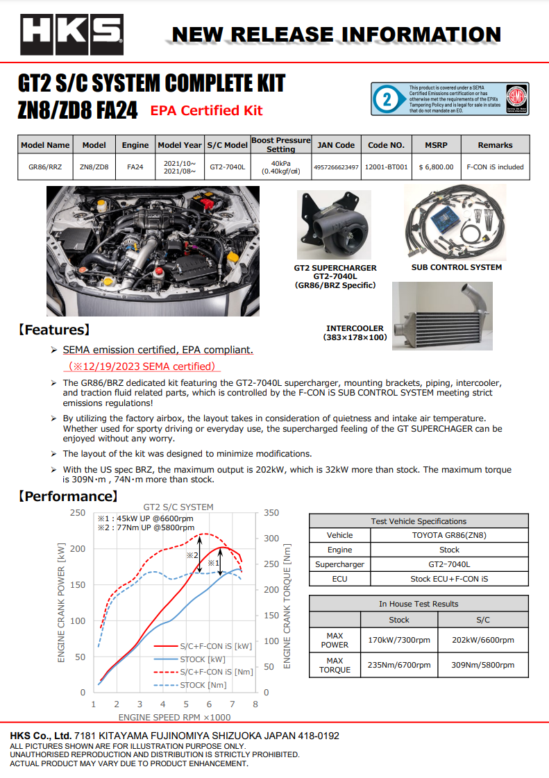 HKS GR86 / BRZ GT2 Supercharger COMPLETE KIT w/ F-con