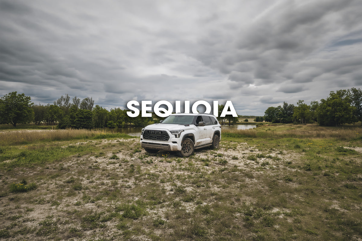 White Toyota Sequoia in a field under cloudy sky