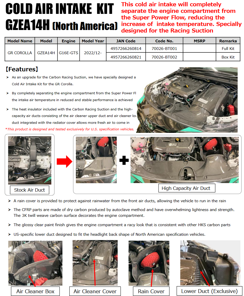 HKS GR Corolla Cold Air Intake Full Kit