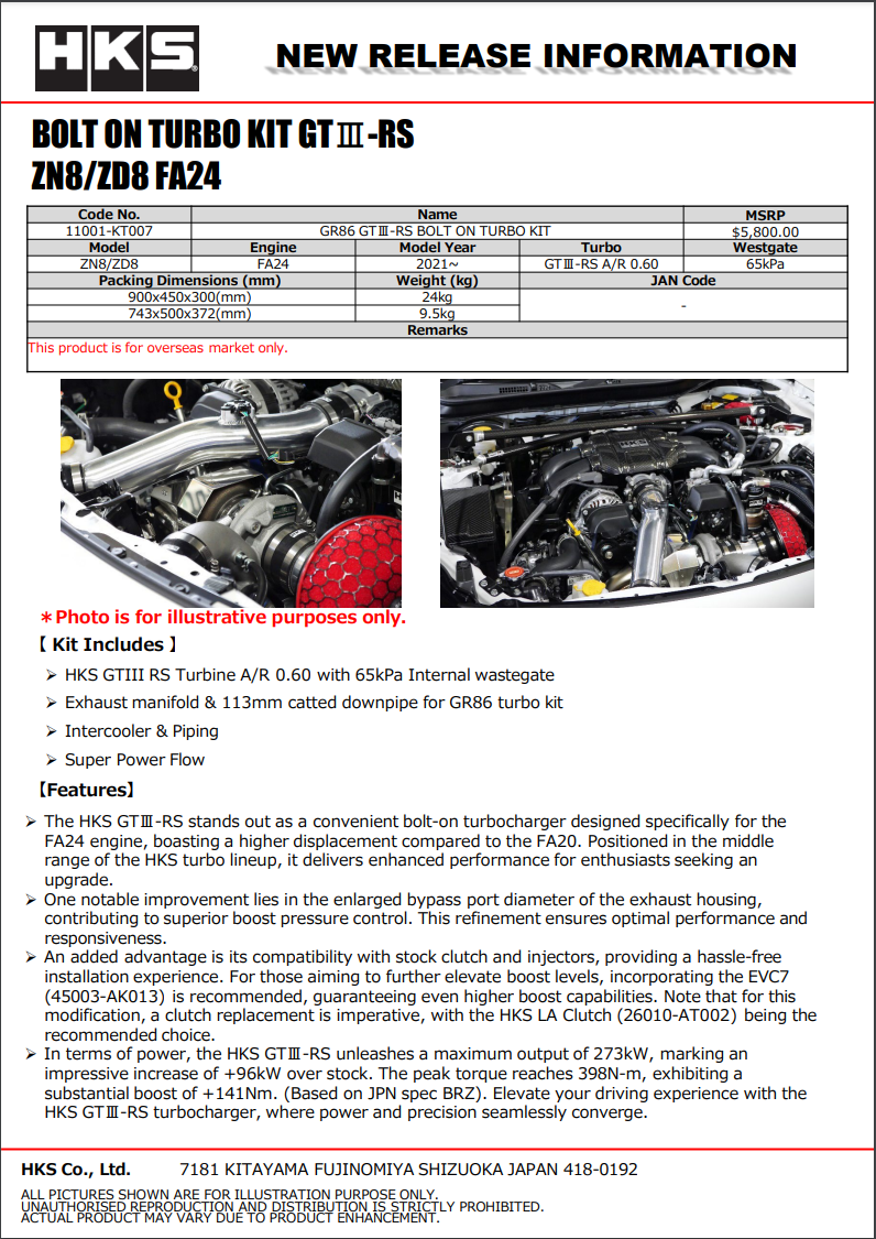 HKS GR86 / BRZ GTIII-RS Bolt On Turbo Kit 